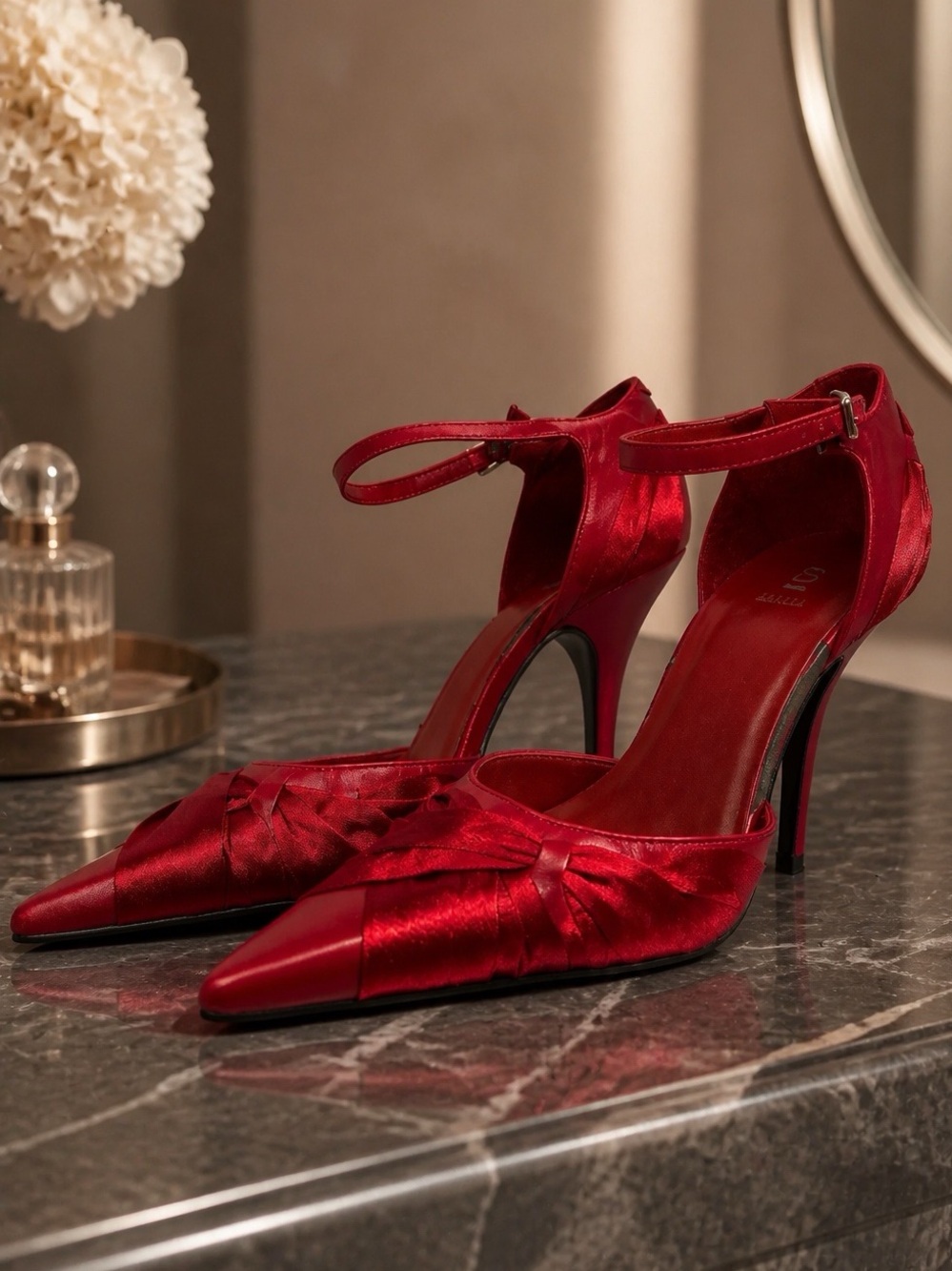 Bakers Red Satin and Leather Pointed-Toe Ankle-Strap Heels
